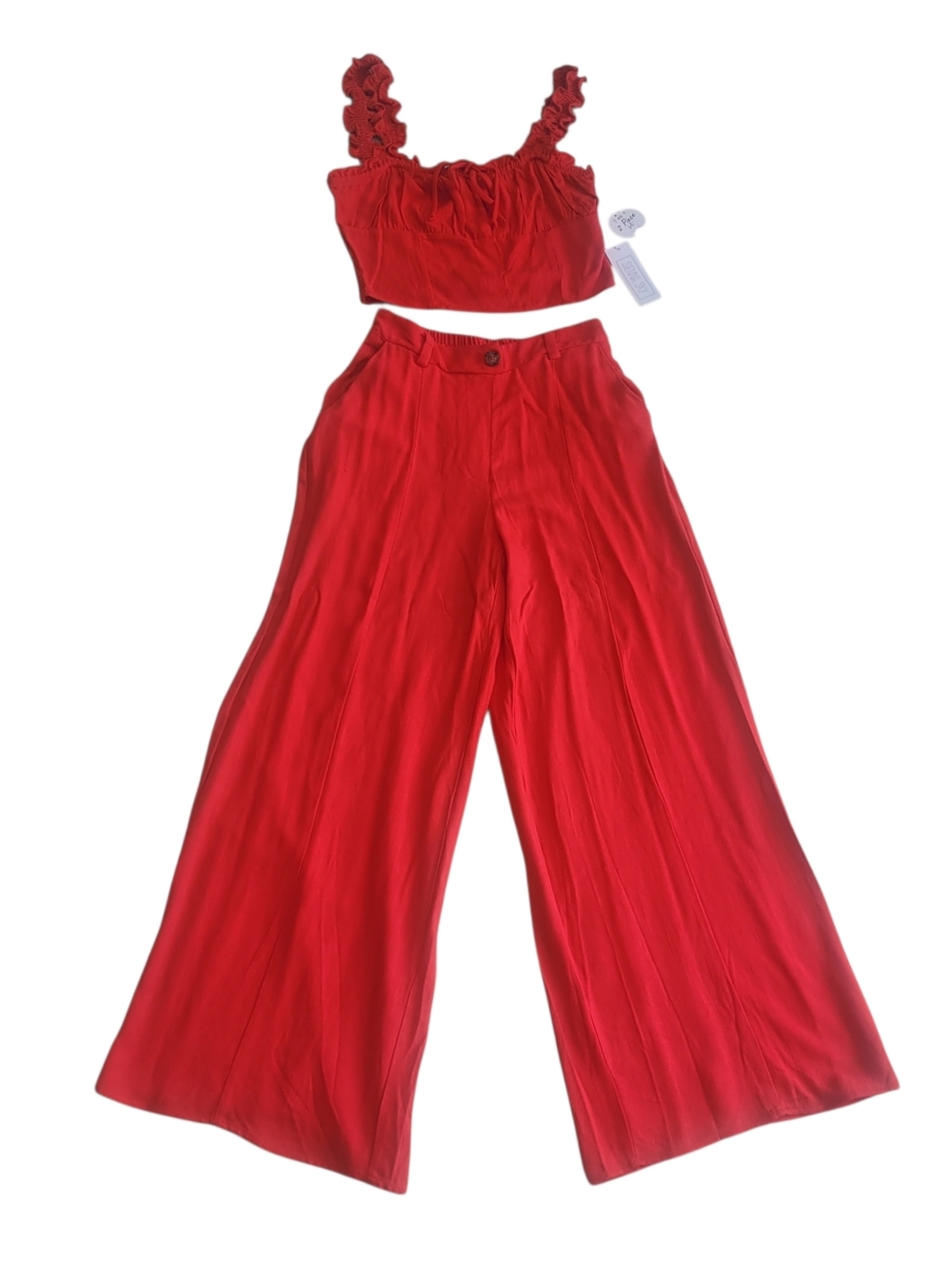 *NWT* Trendy Sienna Sky Red Ruffled Crop Top and Wide Leg Pants Set Sz M - Picture 2 of 9